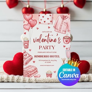 May include: Valentine's Day party invitation with pink and red heart balloons, pajamas, and a coffee cup illustration. The invitation includes the text "Valentine's Party" and "Editable in Canva."
