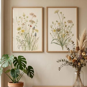 Vintage Wildflower Art Set of 2, Botanical Wall Decor, Neutral Floral Prints, Antique Meadow Flowers, Farmhouse Decor, Digital Download