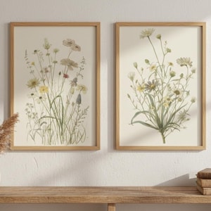 Vintage Wildflower Art Set of 2, Botanical Wall Decor, Neutral Floral Prints, Antique Meadow Flowers, Farmhouse Decor, Digital Download