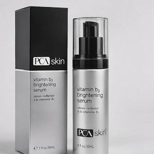 May include: A silver and black PCA skin Vitamin B3 brightening serum bottle and box. The bottle has a pump dispenser and the box has the product name and brand logo. The serum is 1 fl oz / 30mL.