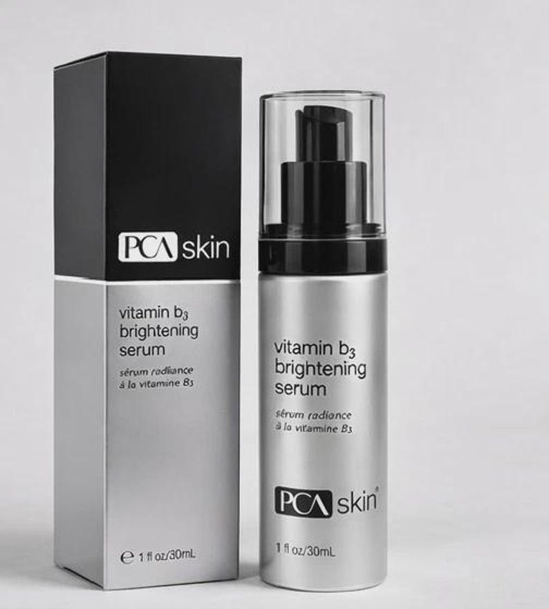 May include: A silver and black PCA skin Vitamin B3 brightening serum bottle and box. The bottle has a pump dispenser and the box has the product name and brand logo. The serum is 1 fl oz / 30mL.