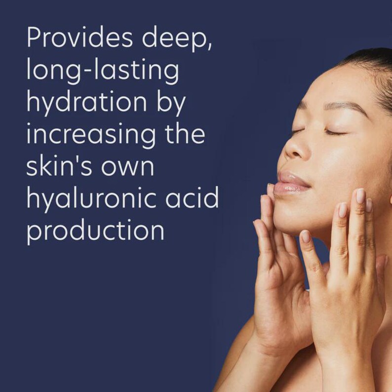 May include: A woman with her eyes closed, gently touching her face. The image has text that reads: "Provides deep, long-lasting hydration by increasing the skin's own hyaluronic acid production."