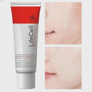 K&ouml;nnte beinhalten: Eine Tube LifeCell South Beach Skincare Anti-Aging-Behandlung. Die Tube ist wei&szlig; mit rotem Deckel und tr&auml;gt den Markennamen und Produktinformationen. Das Bild enth&auml;lt auch Vorher-Nachher-Nahaufnahmen der Haut.