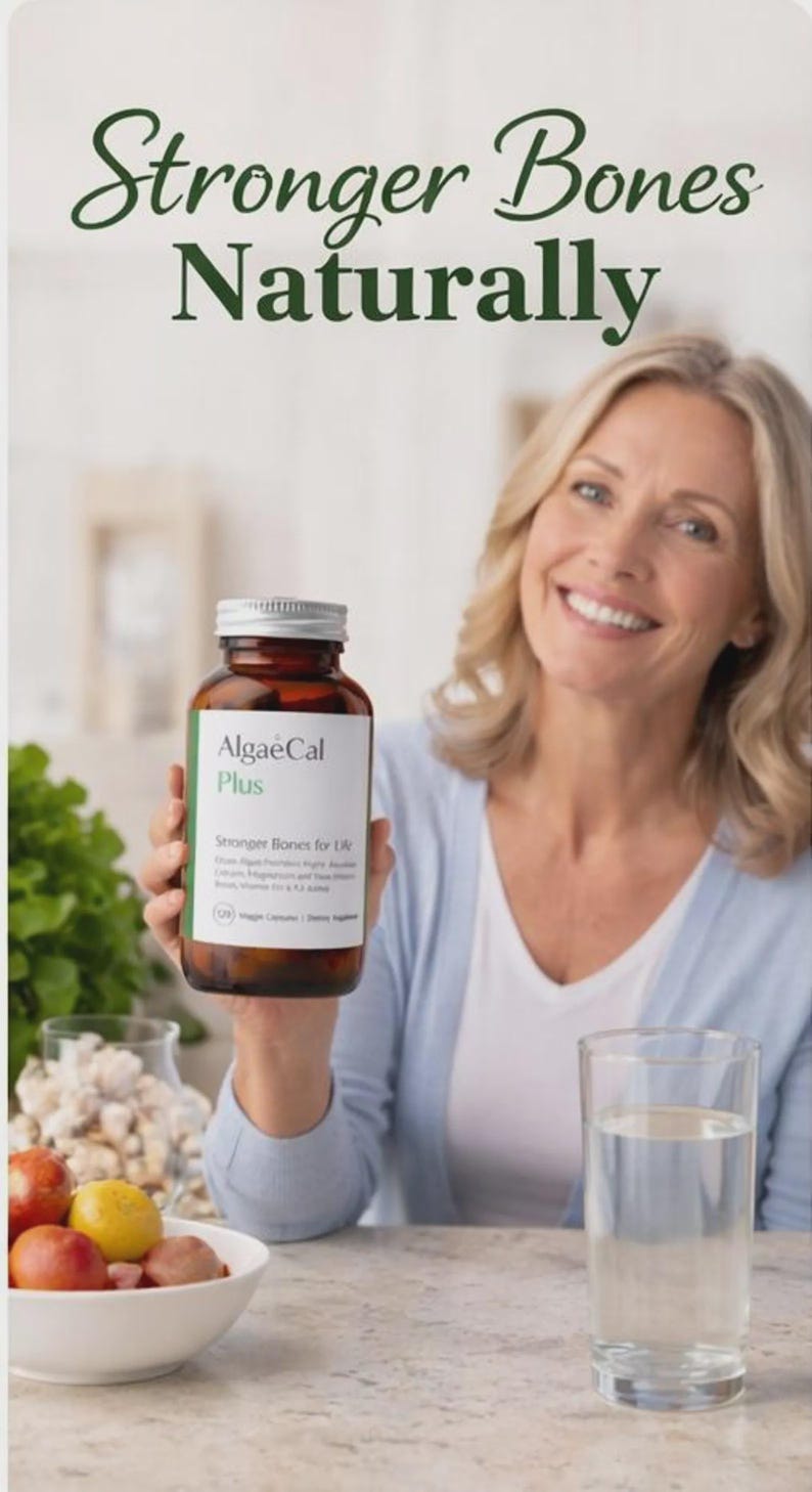May include: A woman smiles while holding a bottle of AlgaeCal Plus. The bottle is brown with a white label and silver lid. Text on the label reads "Stronger Bones for Life." The image also includes a glass of water and a bowl of fruit.