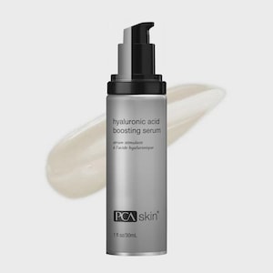 May include: A silver PCA skin hyaluronic acid boosting serum bottle with a black pump dispenser. The bottle has white text that reads "hyaluronic acid boosting serum" and "serum stimulant &agrave; l'acide hyaluronique". The bottle contains 1 fl oz/30mL of product.