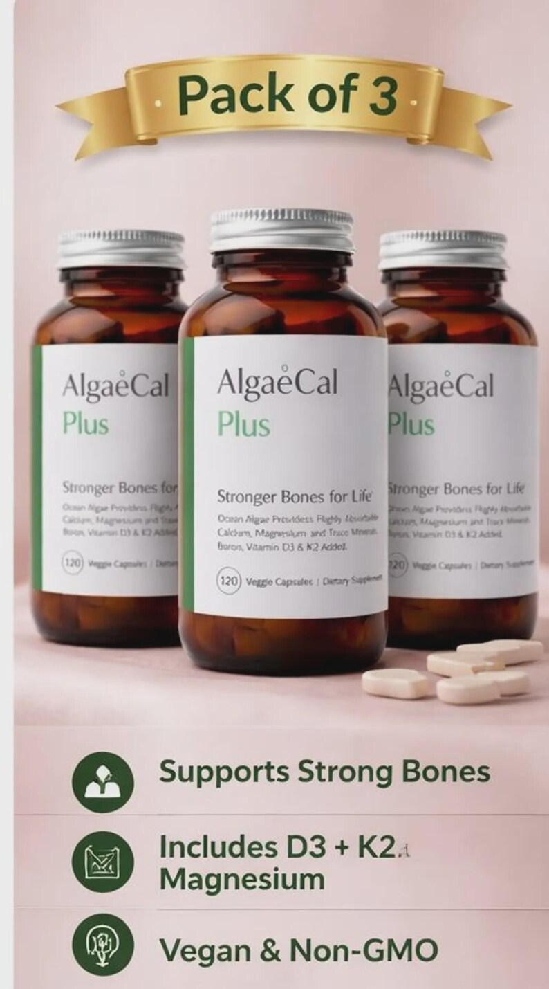 May include: Three brown supplement bottles labeled "AlgaeCal Plus" with white labels and silver caps. The bottles are displayed with the text "Pack of 3" above them. The labels state "Stronger Bones for Life" and include "120 Veggie Capsules".