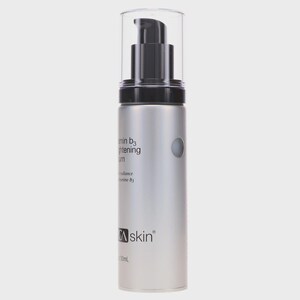 May include: A silver skincare serum bottle with a black pump and clear cap. The bottle has the text "Vitamin B3 Brightening Serum" and the brand name "CA skin". The bottle contains 30ml of product.