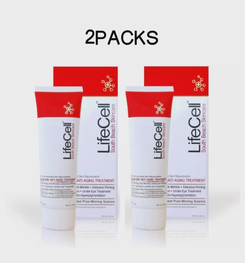 K&ouml;nnte beinhalten: Zwei Packungen LifeCell Anti-Aging-Hautpflegeprodukte. Jede Packung enth&auml;lt eine wei&szlig;e Tube mit roter Kappe und eine wei&szlig;e Schachtel mit roten Akzenten. Der Text "2PACKS" steht oben.