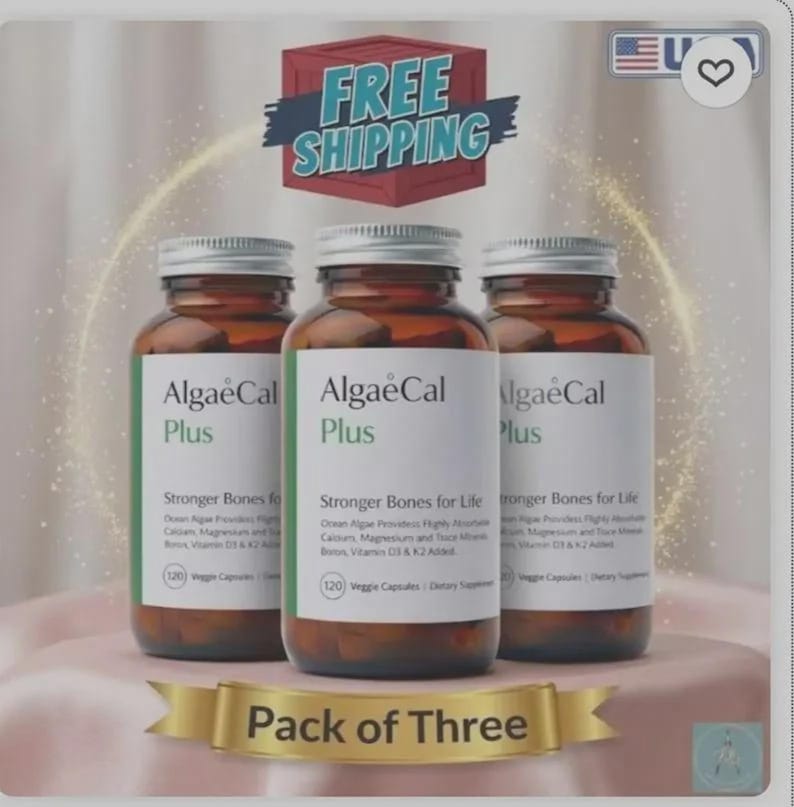 May include: Three brown glass bottles of AlgaeCal Plus supplements with white and green labels. The bottles are arranged on a pink surface with a gold ribbon that reads "Pack of Three". A red and blue sign says "FREE SHIPPING".