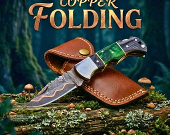 Handmade Copper Damascus Pocket Folding Knife with Leather Cover FKCD303