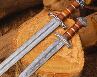Hand-Forged Viking Sword Set–Damascus Steel Norse Long Sword,   Medieval Northman Lothbrok Replica with Scabbard, Viking Collectible Gift
