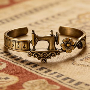 May include: A bronze-toned cuff bracelet featuring a vintage sewing machine design. The bracelet includes a ruler with numbers 1-4, a flower, and decorative scrollwork. The open-ended design allows for easy wear.