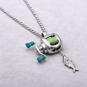 Interactive Fishing Reel Pendant Necklace – Rotating Handle Charm for Anglers