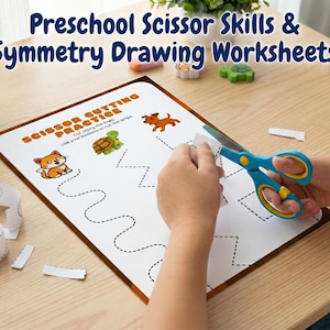 May include: A child uses blue and yellow scissors to cut along dotted lines on a worksheet. The worksheet features cartoon animals and the text "Preschool Scissor Skills & Symmetry Drawing Worksheets".