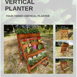 Op de afbeelding: Een vierlaagse verticale houten plantenbak gevuld met kleurrijke bloemen en groen. De plantenbak heeft een schuin ontwerp en wordt buiten tentoongesteld. De tekst "VERTICAL PLANTER" en "FOUR-TIERED VERTICAL PLANTER" staat bovenaan de afbeelding.