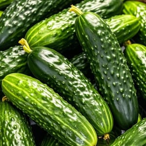 May include: A close-up shot of several fresh, green cucumbers. The cucumbers have a bumpy texture and are a vibrant green color. The image highlights the fresh produce, showcasing the natural beauty of the vegetables.
