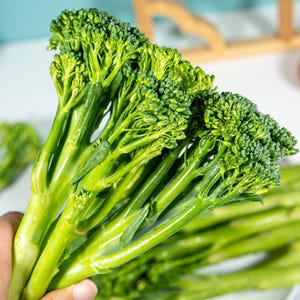 Pu&ograve; includere: Un mazzo di broccolini freschi caratterizzato da lunghi steli sottili di colore verde chiaro, sormontati da grappoli di piccole cimette verde brillante strettamente raggruppate. La verdura ha una consistenza liscia e croccante e un colore uniforme.