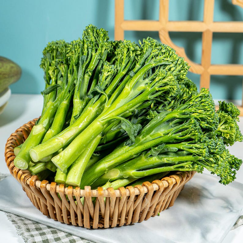 Pu&ograve; includere: Un mazzo di steli di broccolini freschi e di un verde vibrante, con piccole infiorescenze compatte e steli lunghi e sottili, disposti ordinatamente all'interno di un cesto rotondo in vimini intrecciato. Gli steli hanno colore e consistenza uniformi.