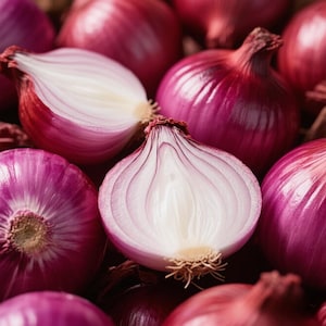 May include: Close-up of several red onions, some whole and some halved, revealing the layered interior. The onions have a vibrant purple-red skin and a white interior with concentric rings. The image highlights the texture and color of the fresh produce.