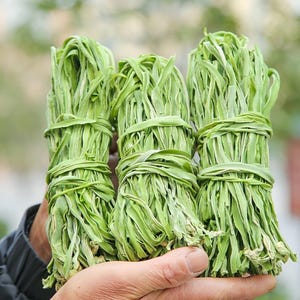 May include: Three bundles of dried, light green, flat, ribbon-like vegetable strips. Each bundle is tightly secured in the centre with a strand of the same material, creating a uniform, elongated shape with a fibrous, textured appearance.