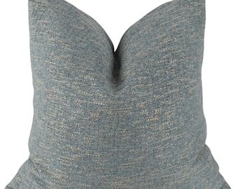 Blue and Beige  Linen Pillow Cover: Basketweave Cushion
