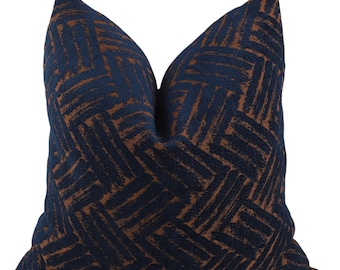 Navy Blue and Copper Striped Pillow Cover, Neutral Throw Cushion, Geometric Pillowcase