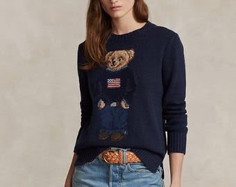 Polo Ralph Lauren Bear Sweater – Classic blue and white Knit, Tuxedo Bear Design
