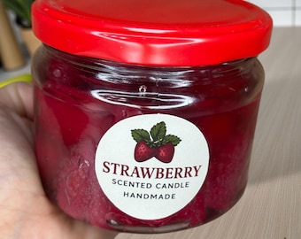 Handmade Strawberry Scented Soy Candle | Jar with Red Lid