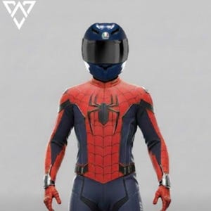 May include: A Spider-Man-themed costume with a red and blue design, complete with a motorcycle helmet. The suit has a black spider emblem, gloves, and boots. The helmet is blue with a dark visor, suitable for motorcycle use.