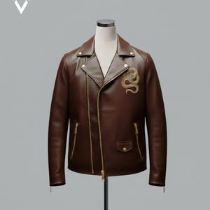 Handmade Brown Lambskin Leather Biker Jacket – Embroidered Snake, Slim Fit