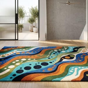 3D Textured Wavy Wool Rug - Vibrant Abstract Hand-Tufted Area Carpet - Modern Maximalist Funky Home Decor - Custom Sizes