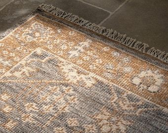 Vintage Hand Knotted Wool Rug Neutral Charcoal Rust Oushak Area Rug Contemporary Traditional Living Room Decor Geometric Boho Bedroom Carpet