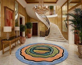 Alfombra redonda abstracta moderna, alfombra de lana tejida a mano, alfombra artística colorida, alfombra de lujo que marca la diferencia, decoración para la sala de estar