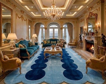 Alfombra azul de lujo con borde festoneado, alfombra de lana tejida a mano, alfombra de diseño moderno, alfombra con borde ondulado único, alfombra llamativa para la sala de estar.