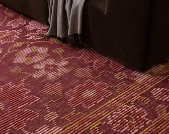 Handwoven Crimson Floral Area Rug - Geometric Traditional Wool Carpet for Living Room & Bedroom