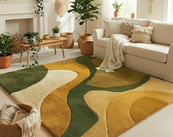 Abstract Hand-Tufted Wool Rug | Green & Mustard Designer Carpet