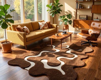 Hand Tufted Chocolate Brown Wavy Area Rug,  Irregular Shaped Carpet, Mid Century Modern Wavy Plush Rug, Unique Aesthetic Living Room Mat