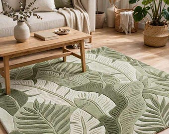 Hand Tufted Botanical Leaf Wool Rug 3D Carved Green Palm Leaves Area Rug Modern Living Room Aesthetic Rug - High Pile Bedroom Decor Accent