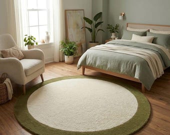 Modern Leaf Wool Rug, green, Cream, Olive & Teal, Hand-Tufted