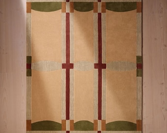 Hand-Tufted Wool Rug Geometric Mid Century Modern Area Rug Earthy Green Beige Rust Modernist Rug Custom Size Handcrafted Living Room Rug