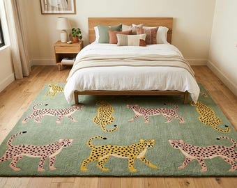Cheetah Area Rug, Green Animal Print Rug, Hand Tufted Wool Rug, Kids Room Rug, Safari Nursery Carpet, Modern Bedroom Floor Rug