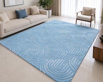 Hand Tufted Blue Area Rug | Abstract Geometric Curved Line Wool Rug, Modern Minimalist Living Room Rug, Soft Bedroom Carpet, Custom Size Rug