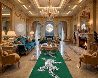 Green runner rug wool hallway runner carpet, hand tufted long narrow animal print rug