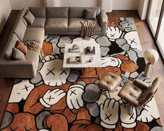 Hand Tufted Street Art Area Rug, Modern Urban Pop Decor, Terracotta & Grey Hand Tufted Wool Carpet, Abstract Hypebeast Living Room Rug