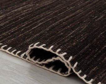 Handwoven Dark Brown Wool Rug – Modern Minimalist Flatweave Area Rug