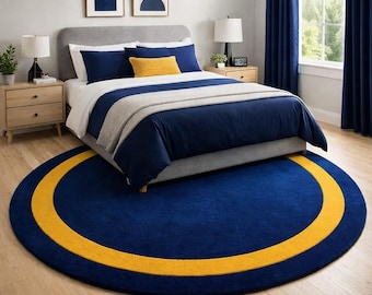 Modern Round Blue Rug with Mustard Ring, Minimalist Wool Area Rug, Handmade Tufted Carpet, Bedroom Living Room Decor, Custom Size Rug