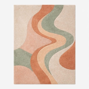Heining Retro Wavy Area Rug | Mid Century Modern Wave Carpet | Earthy Terracotta Sage Green Plush Rug | Large Boho Living Room Rug