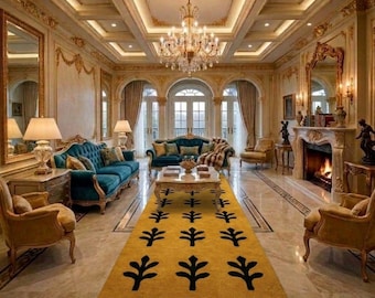 Alfombra de pasillo moderna de lana tejida a mano / Negra con amarillo