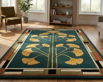 Hand Tufted Wool Rug, Ginkgo Leaf Area Rug, Art Deco Carpet, Teal Gold Rug, Arts & Crafts Home Decor, Custom Size Rug