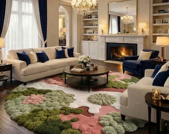 Alfombra orgánica de guijarros – Alfombra de piedra inspirada en la naturaleza, alfombra biofílica moderna, alfombra abstracta verde neutra para la decoración de la sala de estar